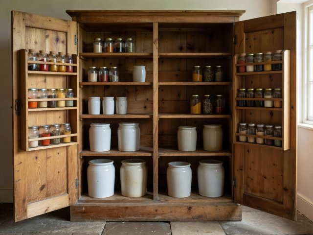 Open wooden larder cupboard showing stepped shallow shelves, spice racks on doors, and stoneware crocks