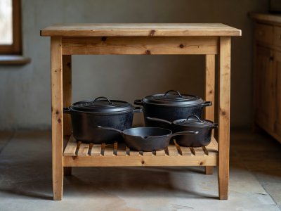 Narrow freestanding pine preparation table with open lower slatted shelf holding cast iron pots