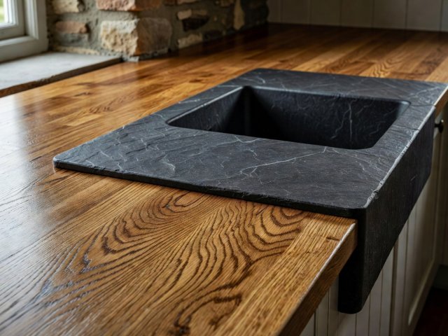 Close-up of oiled oak butcher block meeting a honed charcoal slate sink surround in a cottage kitchen