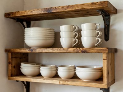 Thick oiled pine shelf on cast iron brackets holding stacks of cream stoneware bowls and mugs
