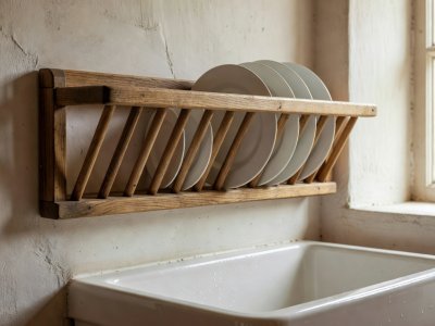 Traditional wooden dowelled plate drainer rack mounted on a cottage wall above the sink